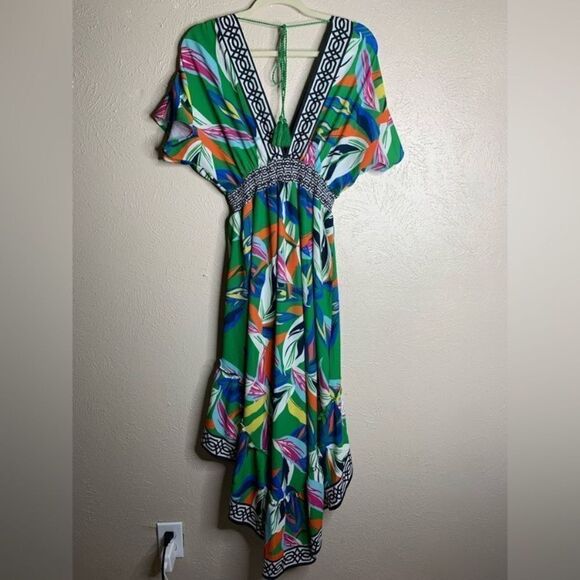 Flying tomato deep v neck high low leaf dress multicolor green - Picture 7 of 13